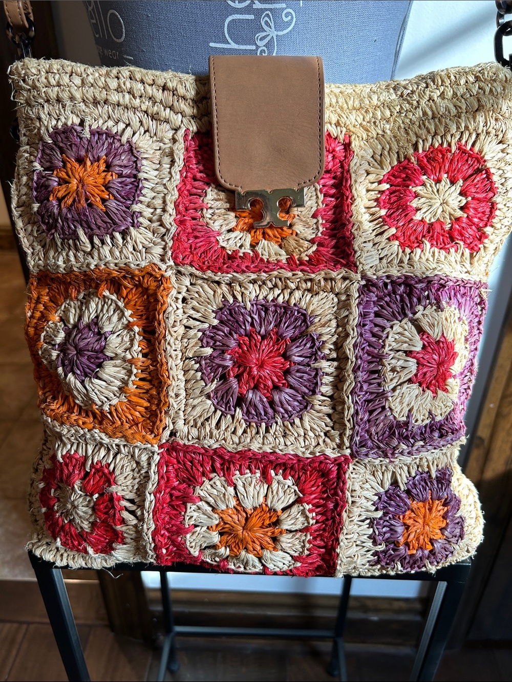 Tory Burch Crochet Patchwork Shoulder Bag in Natural with Pink & Orange Accents - Picture 2 of 15